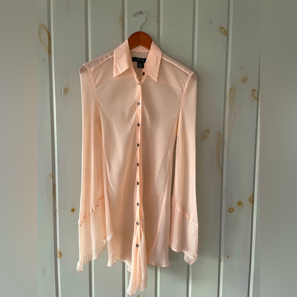 Sheer pink silk Express button down tunic with bell sleeves, size 1/2.